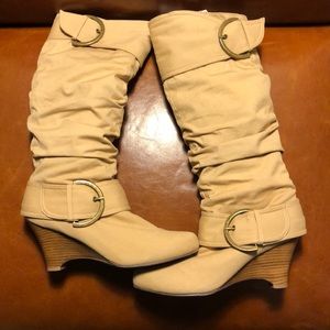 Women’s Tall Wedge Beige Fabric Boots